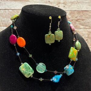 Colorful Beaded Stone & Glads Necklace and Earring Set